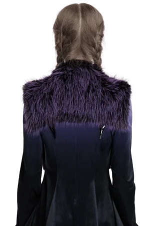 Back view of purple faux fur capelet with horn trim details shown on goth model with braided hair