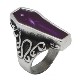 Purple coffin mummy ring stainless steel gothic jewelry front 3/4 view with enamel inlay and scroll engraving