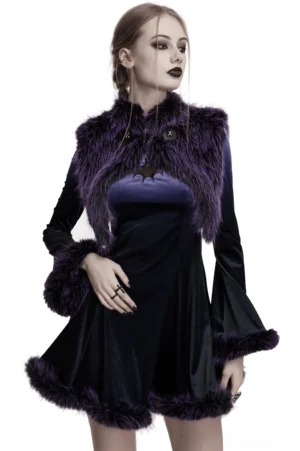 Purple gradient devil capelet with demon horns worn by goth model in front three-quarter view against white background
