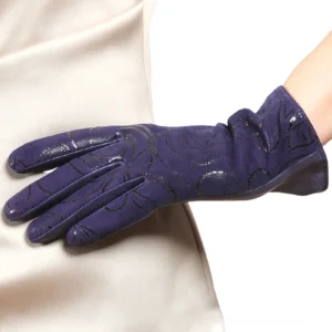 Purple embossed gothic leather gloves with rose detail worn on arm with beige satin dress, elegant side close-up