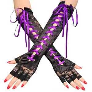 Purple fingerless lace gloves with sheer floral lace and satin lacing, shown on female arms with red nail polish