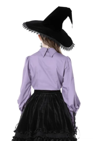 Purple gothic blouse styled with black velvet skirt, back view showing seamless construction