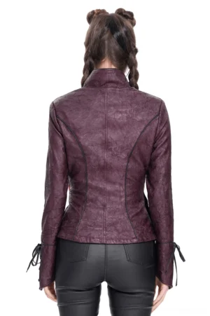 Gothic purple leather jacket back view showing fitted seams and drawstring cuffs on model