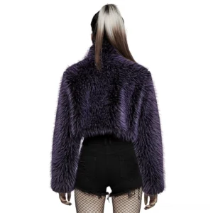 Back view of purple shaggy cropped faux fur gothic jacket showing extended back length and high collar