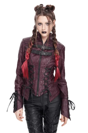 Women's gothic purple faux leather jacket with pentagram zipper and buckles, front view on model with braided hair