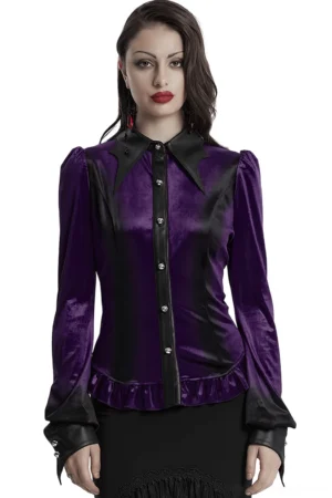 Purple gothic velvet blouse front view featuring bat collar, crystal buttons, ruffle hem and fitted waist silhouette