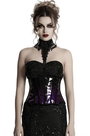 Purple-to-black gradient patent leather underbust corset with metal front clasps, frontal full-body view on gothic fashion model with studio white background