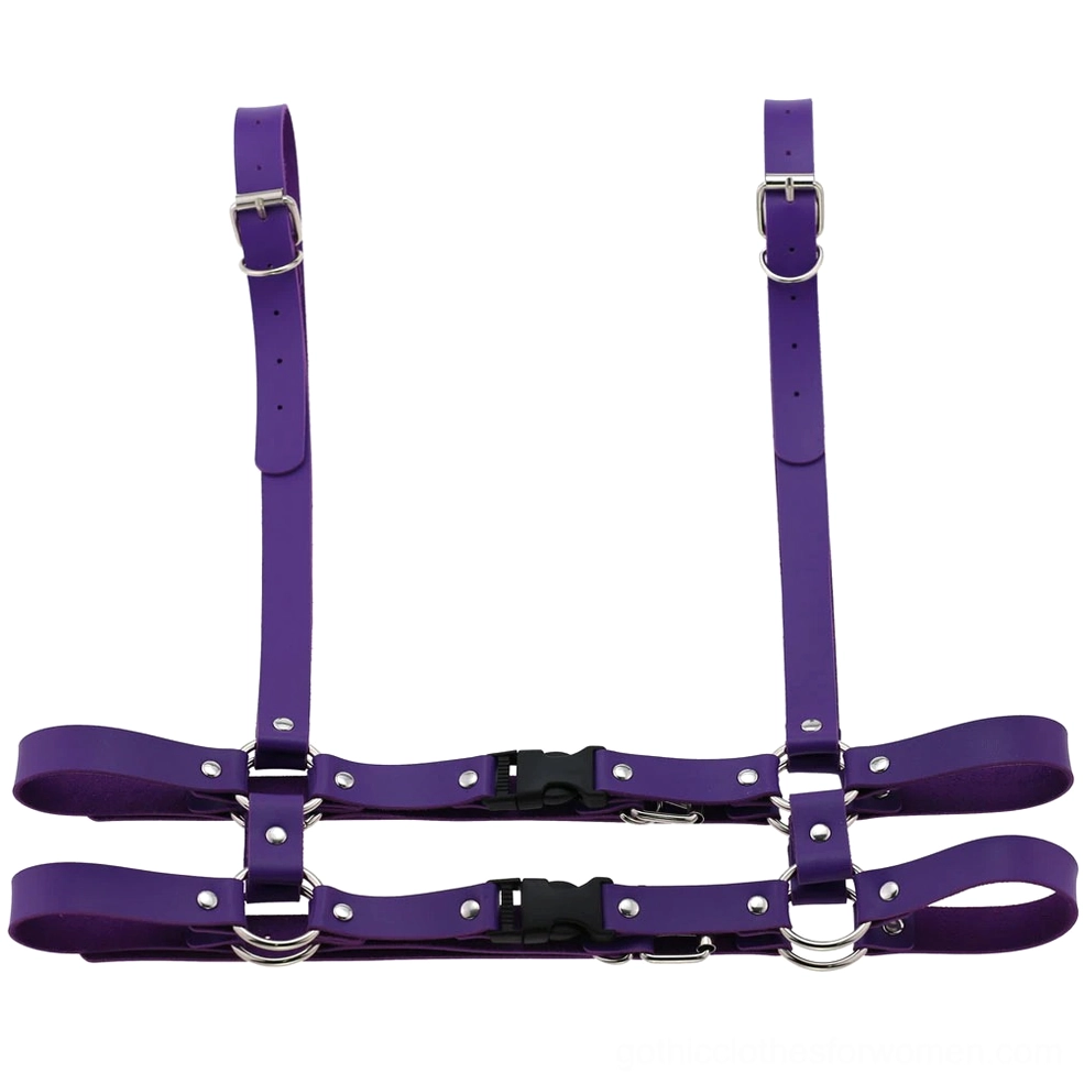 Purple leather body harness front view featuring interconnected geometric strap design and zinc alloy metal components