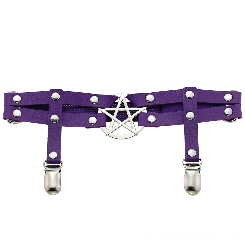 Purple pentagram PU leather leg garter belt flat lay view, featuring silver pentagram pendant with decorative metal rivets and dual clip straps