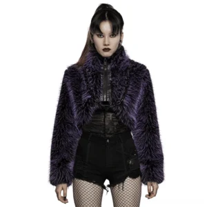 Front view of purple shaggy cropped gothic jacket with high collar and black metal chain detail on white background