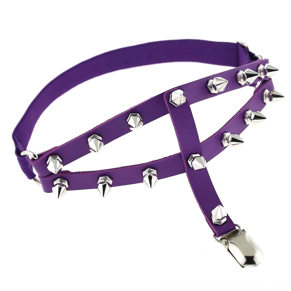 Deep purple spiked thigh garter harness with pyramid studs and adjustable elastic straps