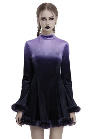 Purple gradient velvet gothic dress with bat embroidery and faux fur trim, front view on model wearing braided twin hair, studio photography