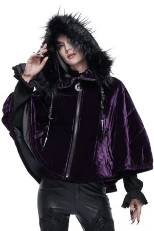 Gothic purple velvet hooded cape worn by model in front three-quarter view showcasing faux fur hood and front zipper detail
