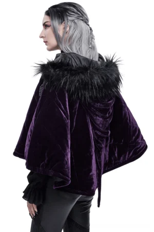 Side profile of gothic velvet cape on model highlighting padded quilted fabric and extended back hem drape