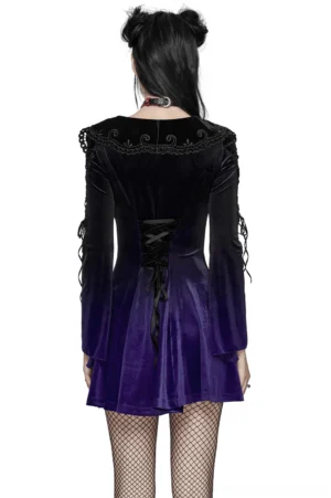 Purple gradient velvet gothic dress rear view showing corset lace-up back detail and flared sleeves with lace trim on model