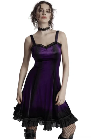 Purple ombre gothic velvet slip dress with black lace sweetheart neckline and ruffled rose hem - front view on model