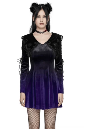 Purple gradient velvet gothic dress with heart collar and flared lace sleeves - front full-body view on model with twin buns wearing fishnet tights