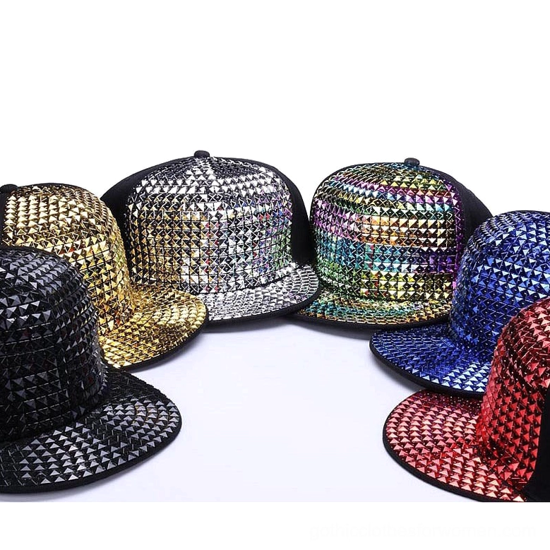 Alternative fashion pyramid stud snapback cap worn or display view showcasing gothic aesthetic