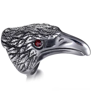 Raven head gothic ring stainless steel front view with red cubic zirconia eye and feather texture details