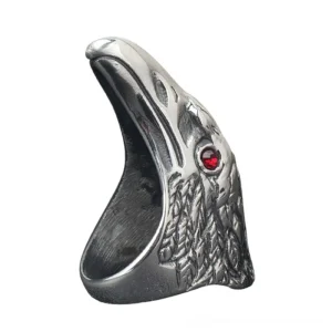 Gothic raven ring inner band side view showing carved feather details and open band design on white background