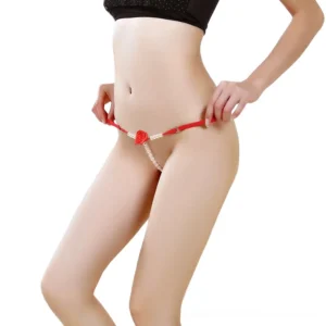 Red beaded rose pearl G-string thong front view on model, gothic lingerie with intricate bead harness detail