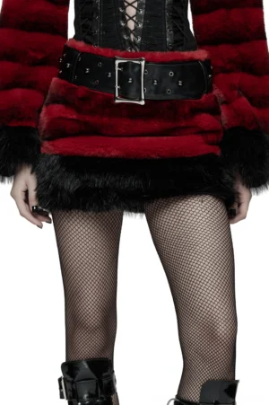 Red and black faux fur gothic mini skirt front view with studded leather belt, striped fuzzy fabric, and punk aesthetic styling