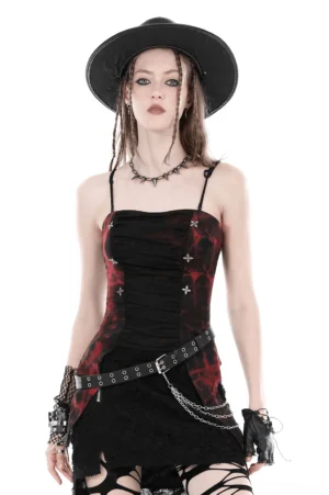 Red and black tie-dye gothic corset top with lace-up back, spaghetti straps, and star metal fasteners - front view on model