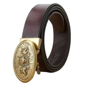Red-brown cowhide leather belt featuring vintage gold wolf buckle, full length flat lay display