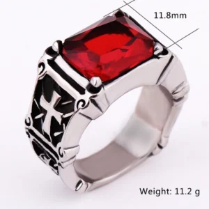 Red cubic zirconia biker ring with size specifications 11.8mm band width 11.2g weight