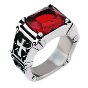 Red CZ cross biker ring 316L stainless steel gothic jewelry front view 3/4 angle