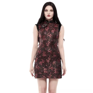 Red Dragon Jacquard Gothic Qipao Dress - Front Full Body View with Metallic Buckle Collar and Side Slits