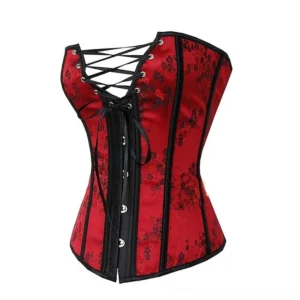 Red gothic corset with floral print and black lace-up front, flat lay display on white background showing strapless design and satin trim details