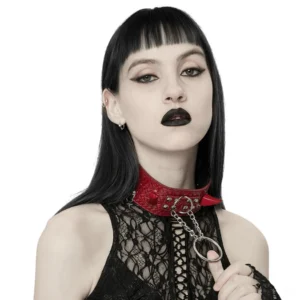 Close-up of red python leather choker with hanging metal O-ring chain attachment