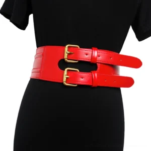 Red wide corset belt with polished gold buckles - front waist styling on mannequin