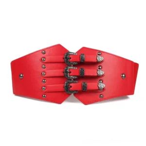 Red Gothic Corset Waist Belt - Vintage Style with Metal Studs and Carved Metal Buckles - Studio Shot