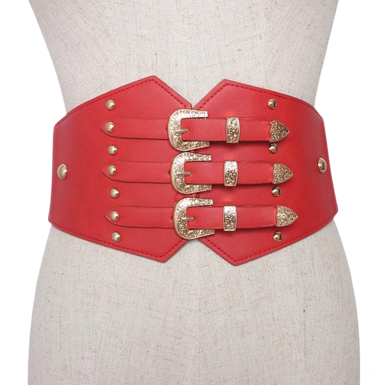 Red PU leather gothic corset belt with triple gold buckles and rivets, displayed on mannequin
