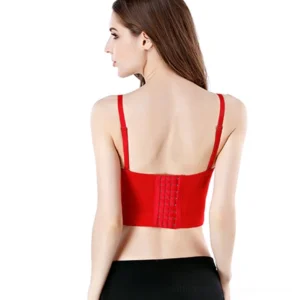 Red PU leather gothic corset bustier back view showing hook-and-eye closure and exposed lower back