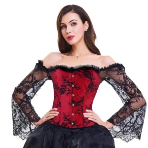 Red satin gothic corset bustier with black floral lace overlay, off-shoulder design, front view on model with tulle skirt
