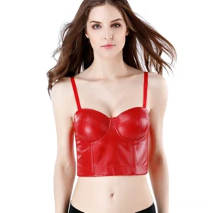 Red PU leather gothic corset bustier top front view with sweetheart neckline and push-up support