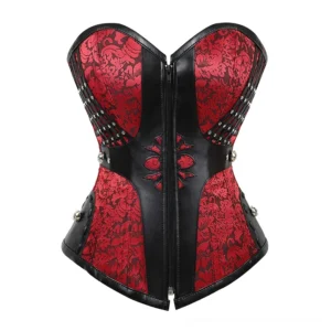 Red gothic corset bustier with studded lattice trim, front zipper closure, and lace-up back detail, displayed flat on white background
