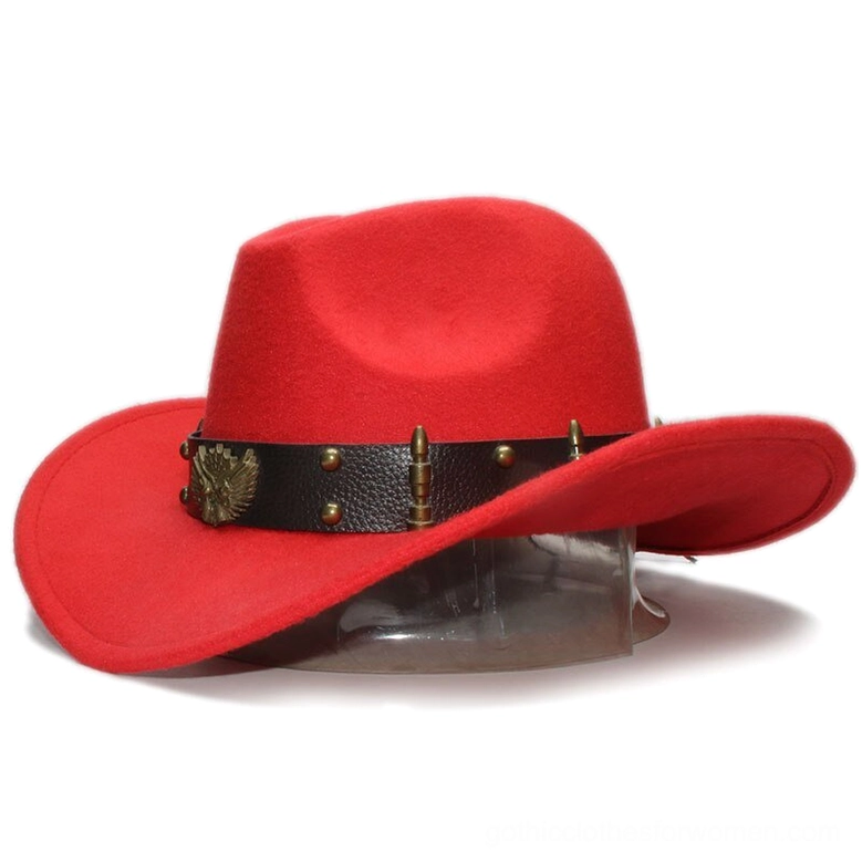 Burgundy red gothic fedora with eagle-decorated leather hat band - wide brim design