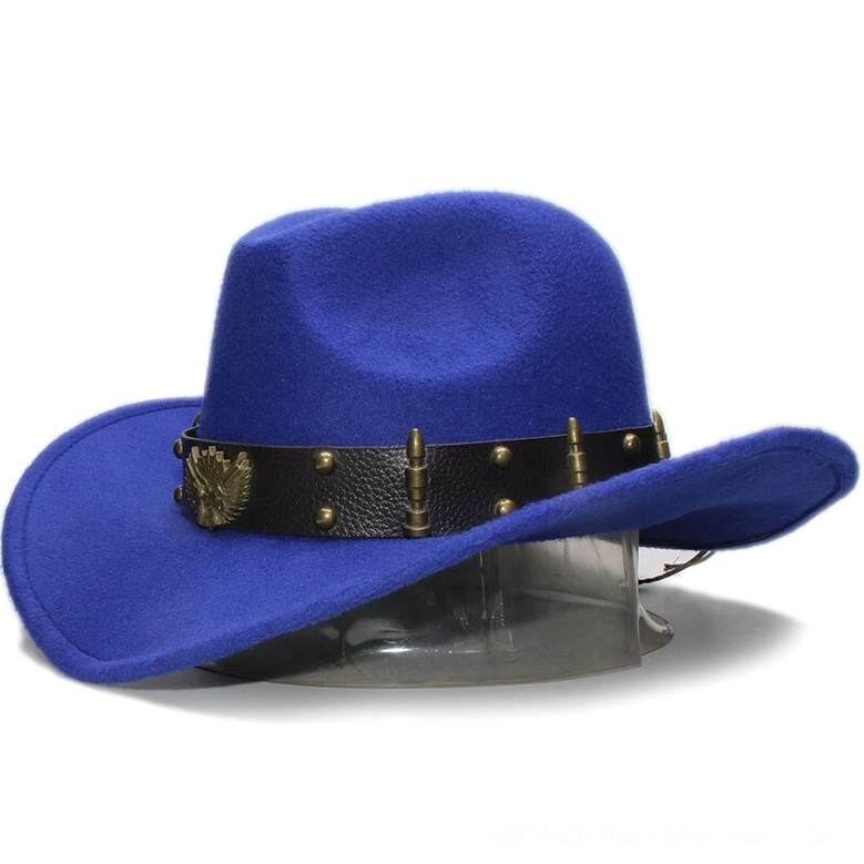 Red gothic fedora hat with leather belt and metal ornaments - alternative western style