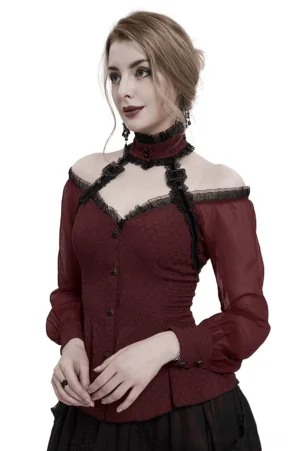 Red gothic off-shoulder halter blouse with lace-up corset back and sheer long sleeves, front three-quarter view on model