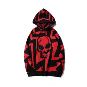Red gothic skull knit hoodie front view - embroidered skull motif with geometric pattern and drawstring hood detail