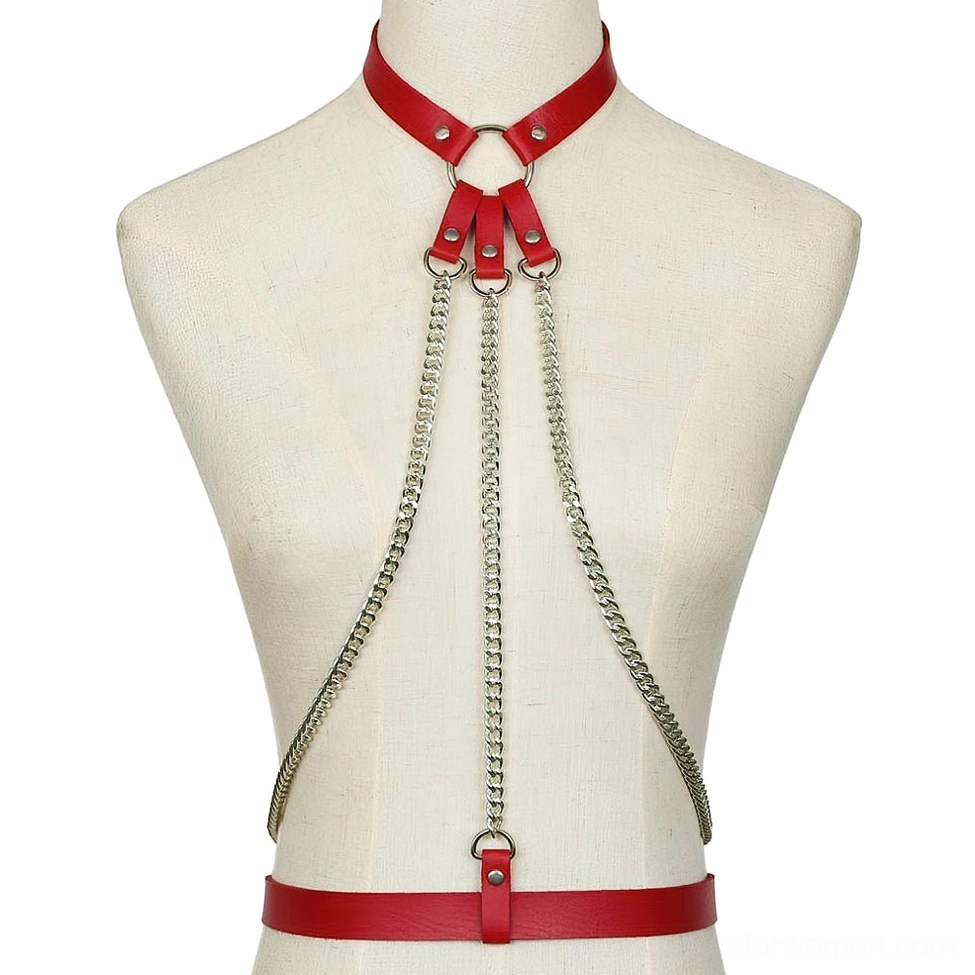 Red leather body harness back view with metal chain details and adjustable straps