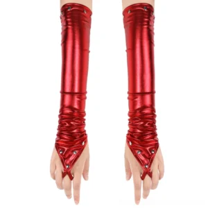 Red metallic PU leather fingerless gloves with metal rivets and ruched cuff, front view