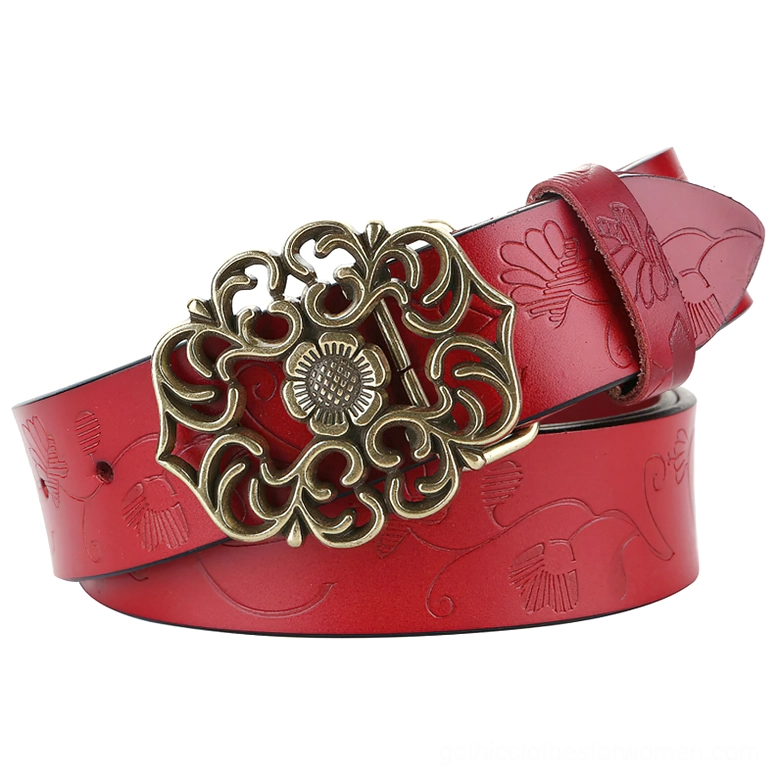 Red genuine leather women's gothic belt with bright red leather, embossed floral details, and ornate bronze pin buckle