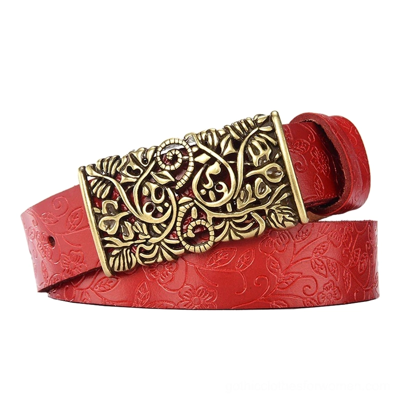 Bright red genuine leather gothic waist belt with antique bronze hollow floral buckle