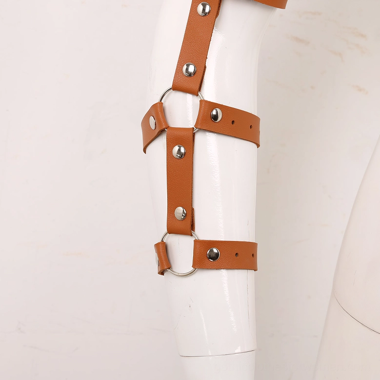 Red leather gothic chest harness full view, displaying color vibrancy and complete harness architecture