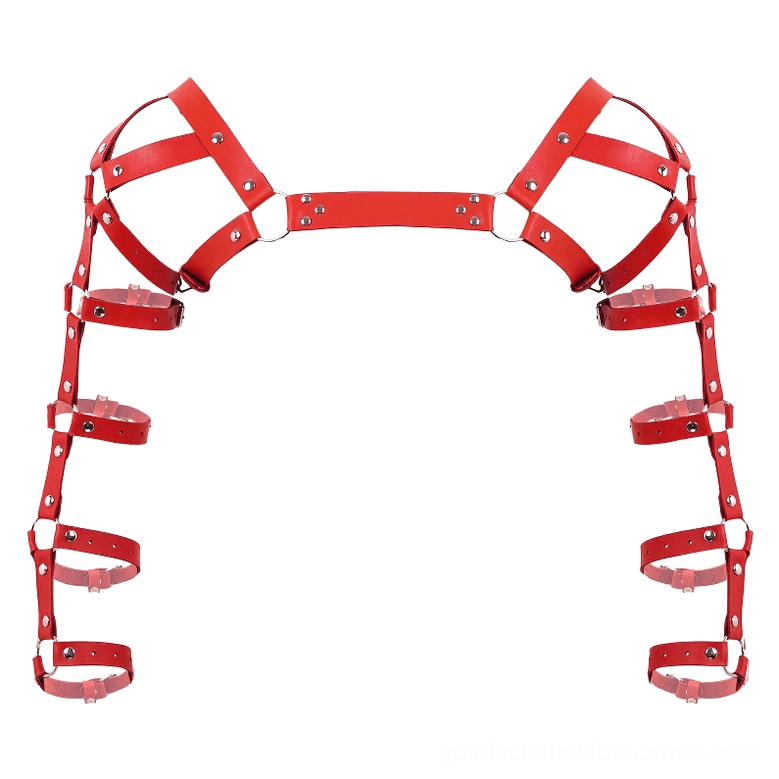 Red leather chest harness with metal rivets, showcasing full shoulder-to-arm coverage on neutral background